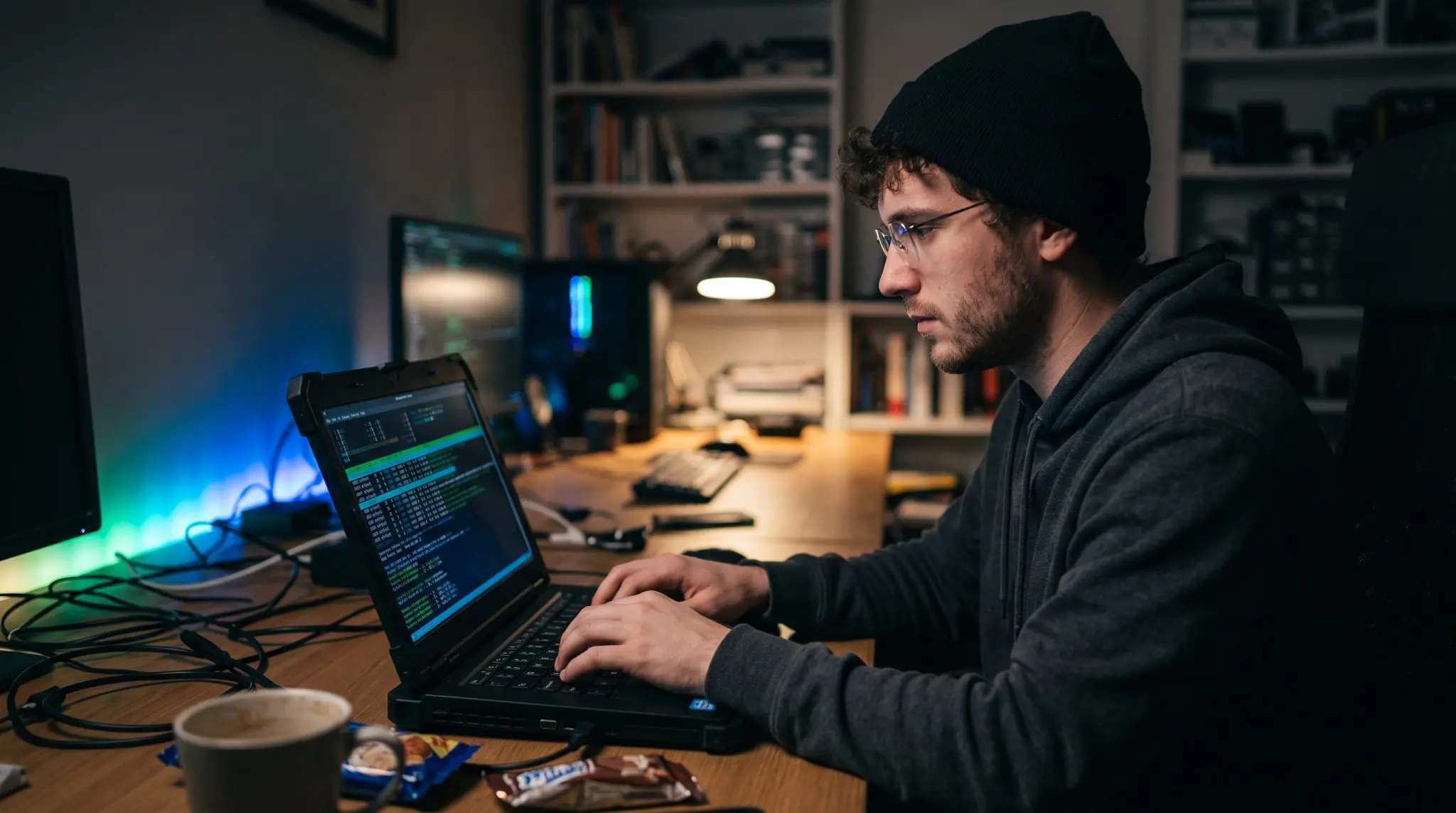 A person working at a laptop in a dim room