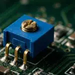 A blue trimmer potentiometer on a green board