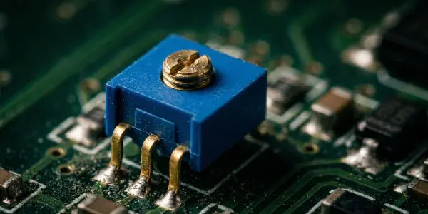 A blue trimmer potentiometer on a green board