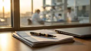 Stacked papers with a golden fountain pen rest on a wooden desk beside a laptop, bathed in warm sunlight.