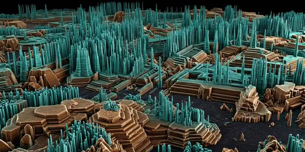 A false-colour electron micrograph of nanopillars
