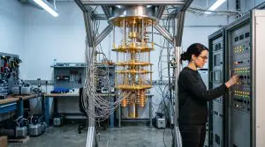 A scientist adjusts controls beside a large, golden, cylindrical quantum processor in a brightly lit laboratory setting.