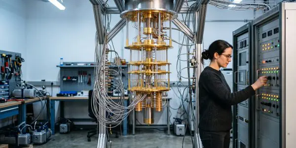 A scientist adjusts controls beside a large, golden, cylindrical quantum processor in a brightly lit laboratory setting.