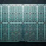 A large AI accelerator die showing rows of identical compute tiles