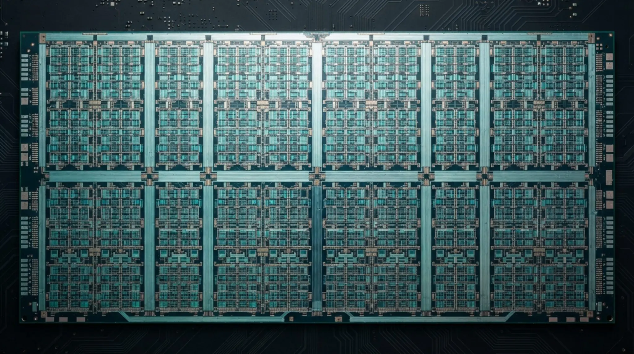 A large AI accelerator die showing rows of identical compute tiles