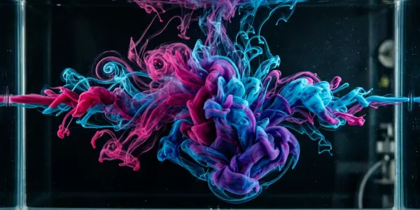 Vibrant swirls of blue and magenta ink bloom underwater within a clear, rectangular tank, set against a dark background