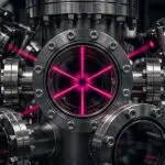 A complex metallic apparatus glows with pink laser light against a dark background, suggesting a high-tech laboratory environment.
