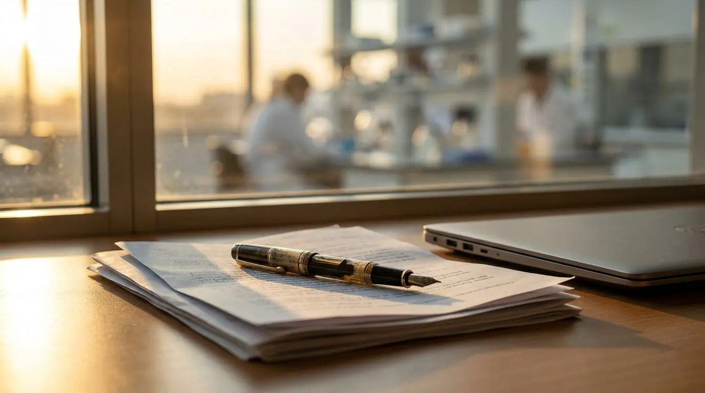 A wooden desk holds papers, a pen, and a laptop before a window with a blurred laboratory scene