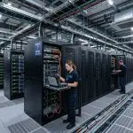 A large data center filled with rows of servers dominates the scene, illuminated by bright overhead lights and cables.