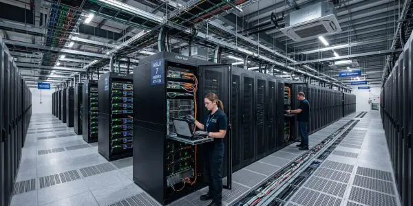 A large data center filled with rows of servers dominates the scene, illuminated by bright overhead lights and cables.
