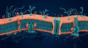 A cross-section of a cell membrane with proteins embedded within a lipid bilayer is displayed against a dark blue background
