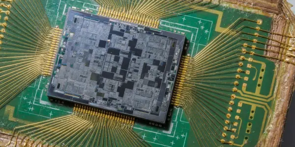 A complex microchip sits on a green circuit board, surrounded by radiating gold wiring, against a black background.