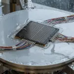 A circular metallic platform with a grid-like quantum chip at its centre is covered in condensation, illuminated by cool lighting.