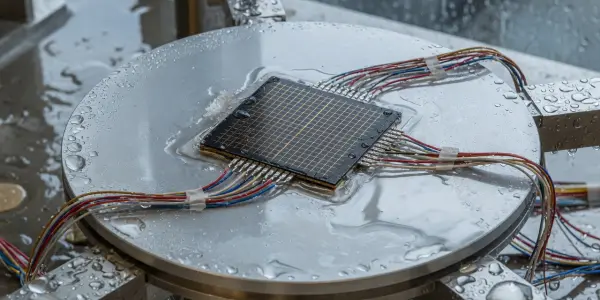 A circular metallic platform with a grid-like quantum chip at its centre is covered in condensation, illuminated by cool lighting.