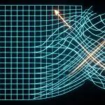 A neon grid distorts into chaotic lines with glowing arrows against a black background, creating a futuristic aesthetic