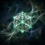 Faceted green machine surrounded by glowing field lines