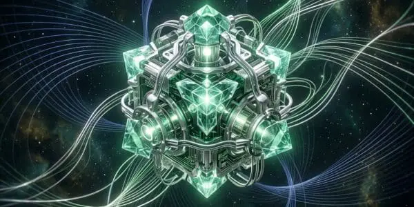Faceted green machine surrounded by glowing field lines