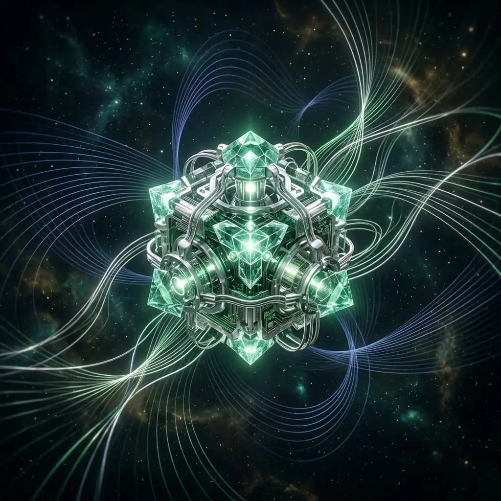 Faceted green machine surrounded by glowing field lines