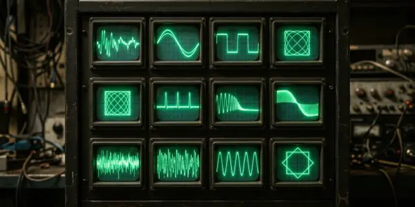 Twelve small screens showing different waveforms