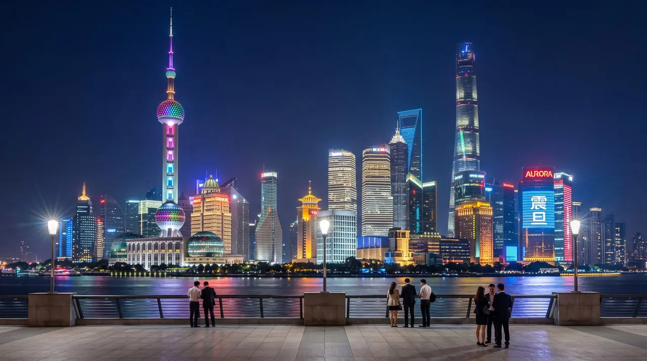 A city skyline at night