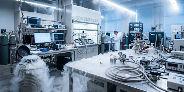 A brightly lit, high-tech laboratory is filled with complex equipment, cryogenic tanks emitting vapor, and metallic surfaces in shades of silver and blue.