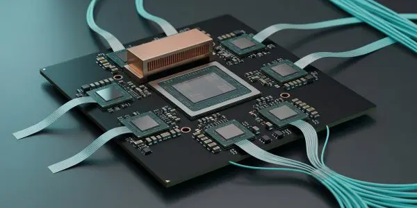 A chip module with teal fibre pigtails on every side
