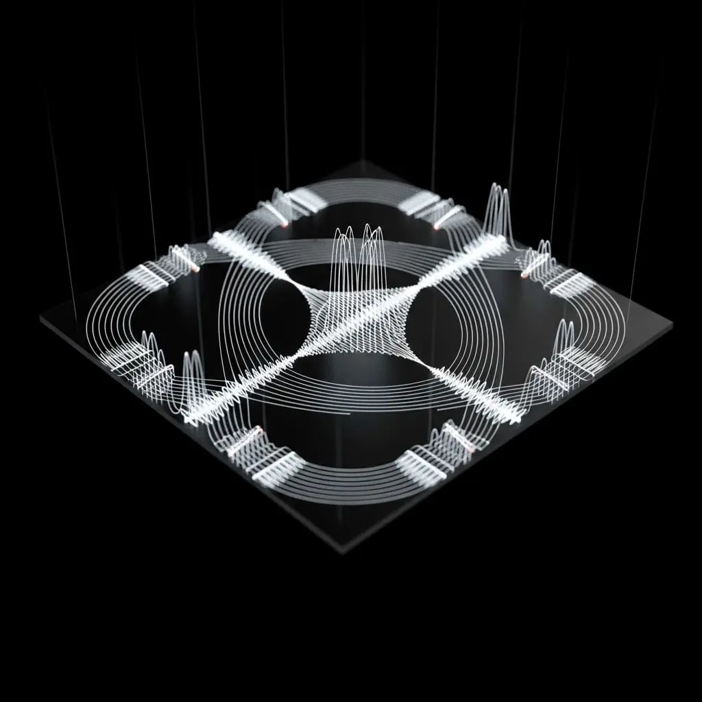 Compact photonic chip suspended in deep black space, thin luminous waveguides forming flexible two-dimensional paths across its surface, bright qubit light pulses smoothly redirected along curved and angular routes