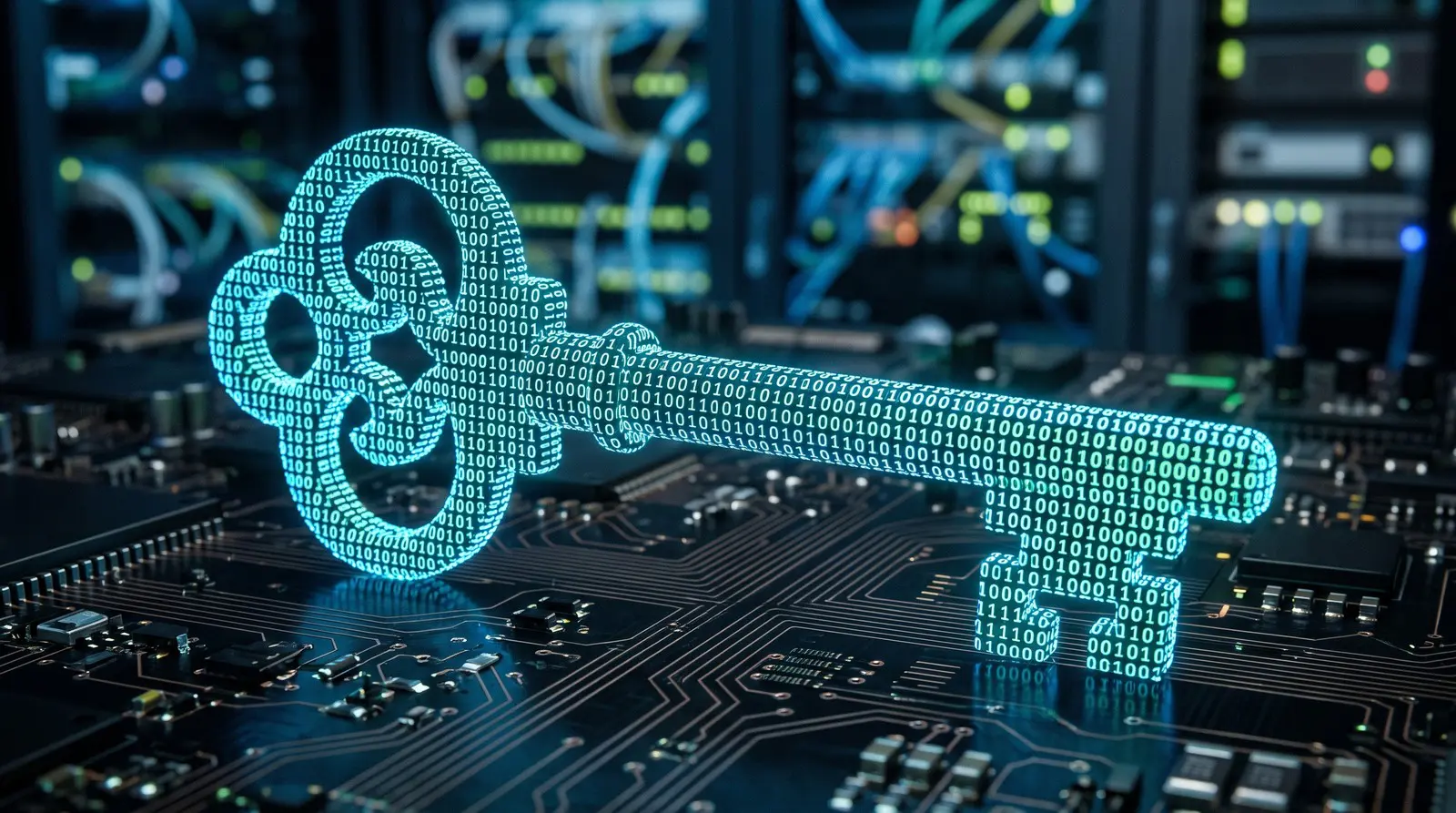 A key drawn in glowing binary digits standing on a circuit board in front of server racks
