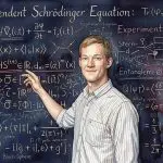 AI-generated illustration of Chris Ballance, co-founder of Oxford Ionics, standing at a blackboard of decorative physics notation
