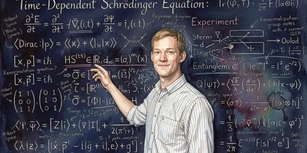 AI-generated illustration of Chris Ballance, co-founder of Oxford Ionics, standing at a blackboard of decorative physics notation