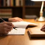 Hands signing a document across a desk in cool daylight