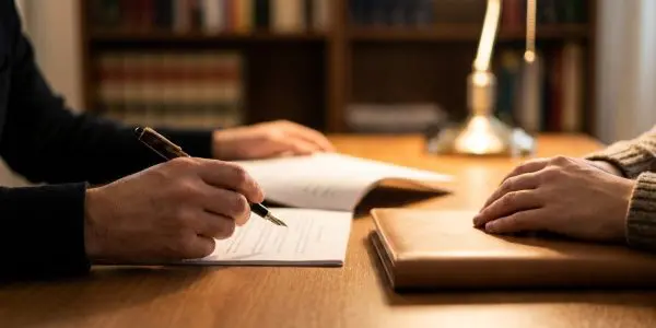 Hands signing a document across a desk in cool daylight