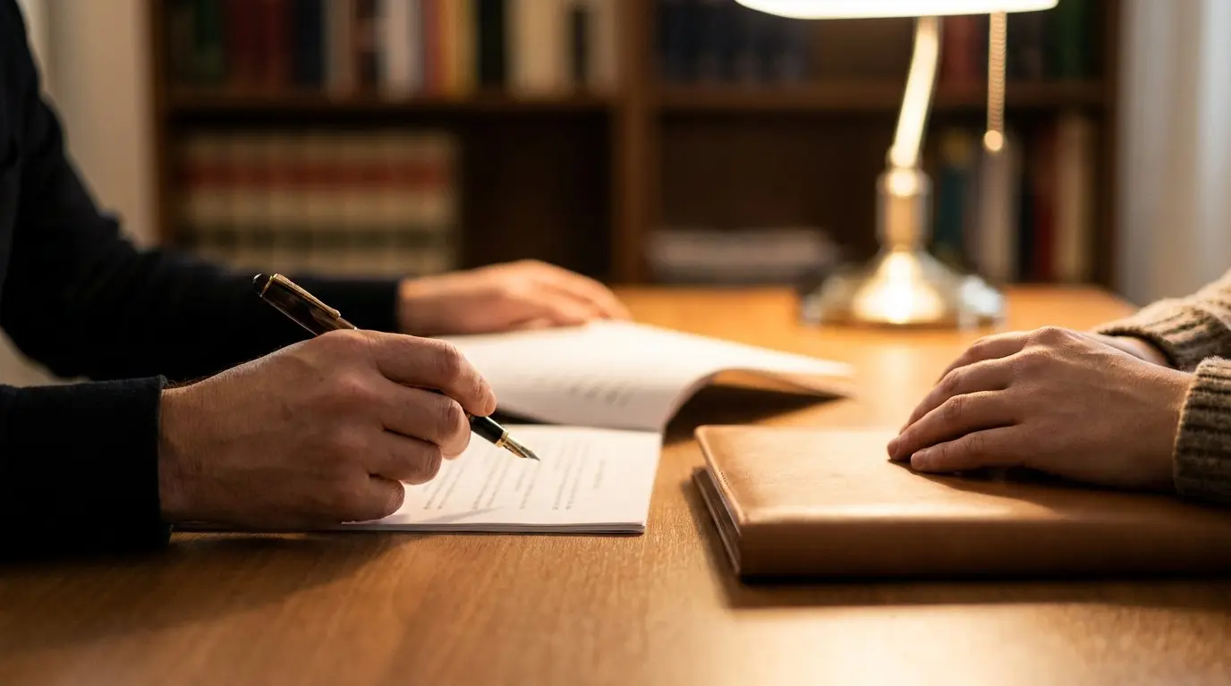 Hands signing a document across a desk in cool daylight