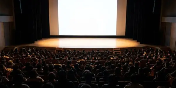 A conference auditorium seen from the back of the room