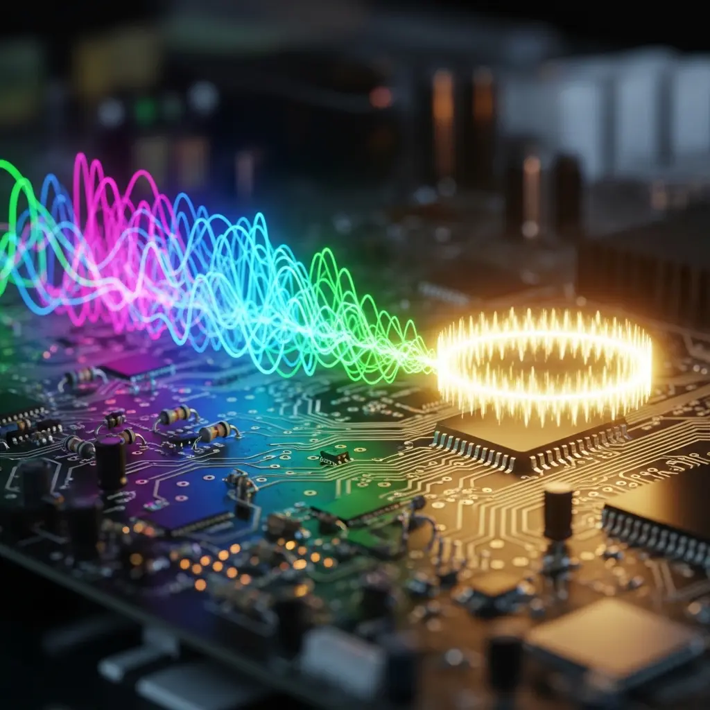 Electronic circuit evolving from chaotic signals into stable ordered oscillation pattern, glowing equilibrium ring beyond classical limit