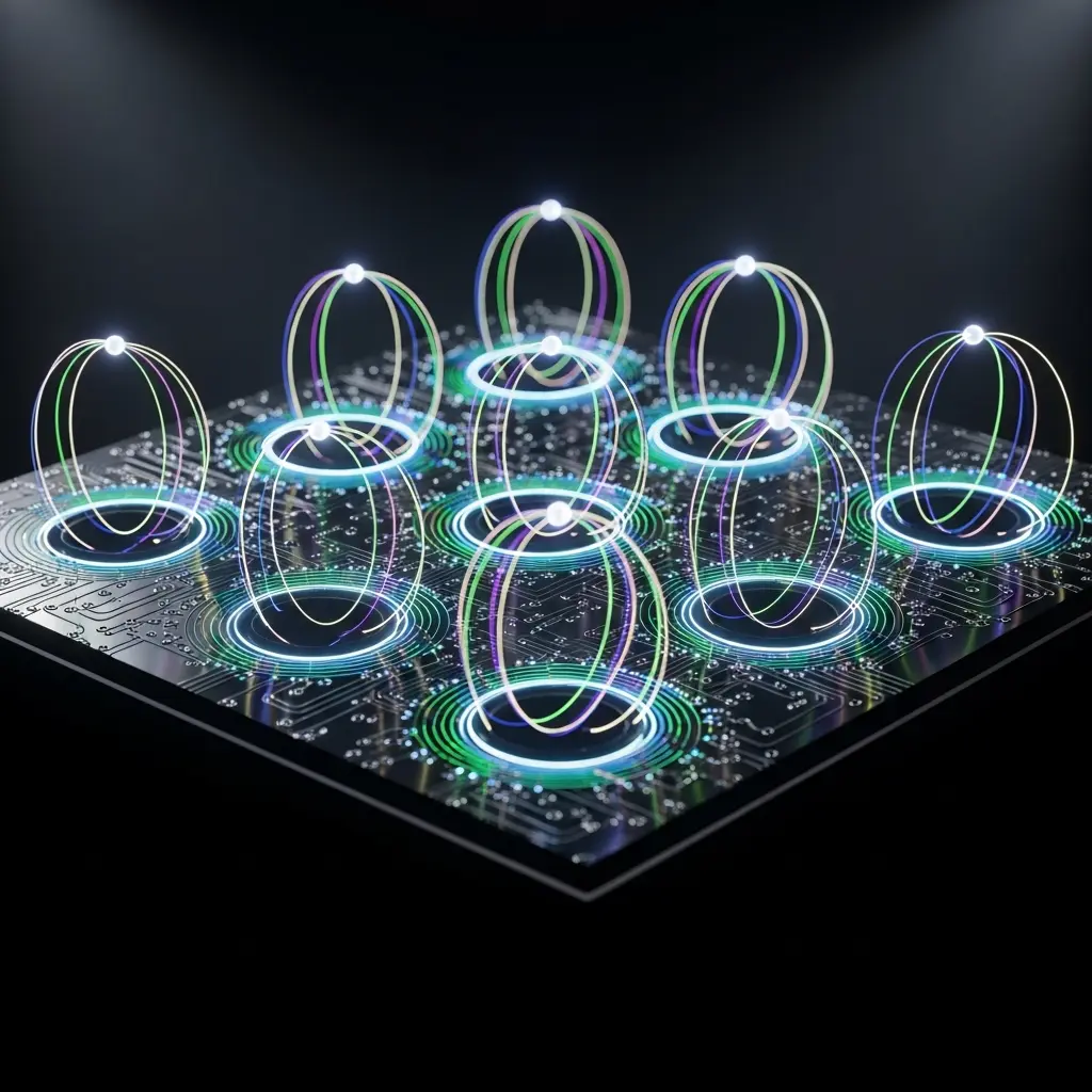 Photonic circuit chip with looping light paths storing faint persistent glow traces, memory-like optical echoes circulating inside