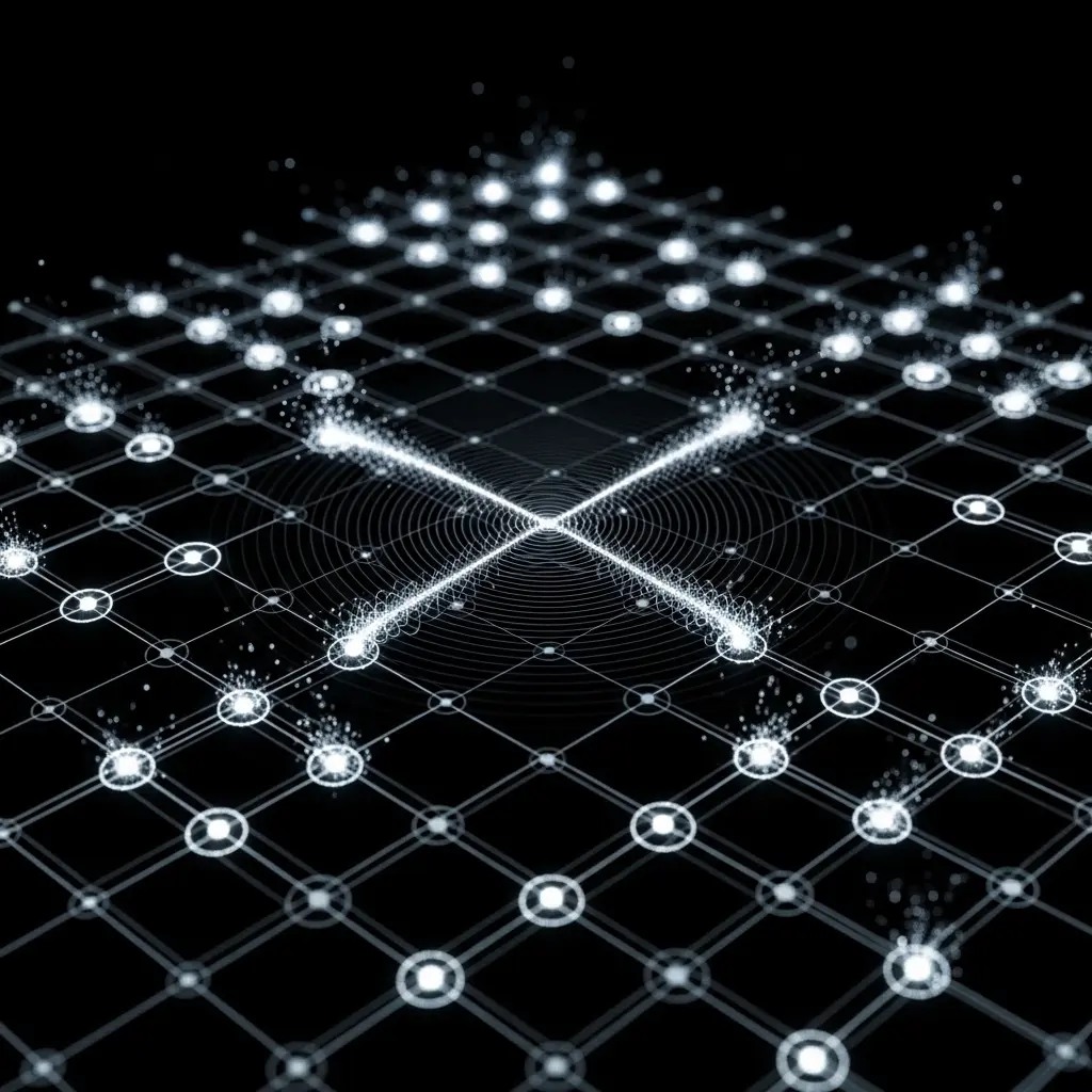 Quantum circuit grid with faint error sparks fading away, stabilized qubit nodes glowing brighter and more uniformly