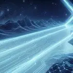 A beam of light running across a wireframe landscape