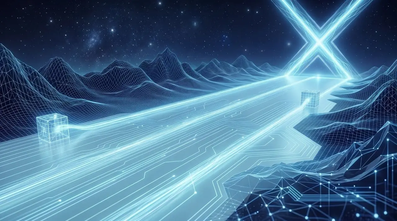 A beam of light running across a wireframe landscape