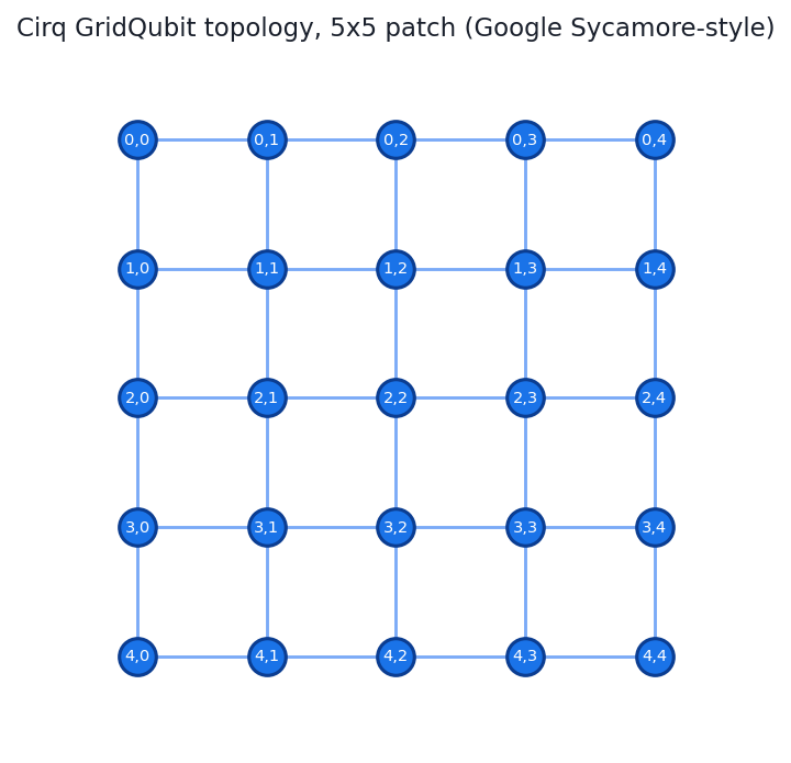 Cirq GridQubit topology diagram: 5x5 patch of qubits with nearest-neighbour couplers in the Google Sycamore-style layout