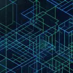 A dark background features a complex network of glowing blue and green lines forming a geometric, futuristic structure.