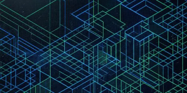 A dark background features a complex network of glowing blue and green lines forming a geometric, futuristic structure.