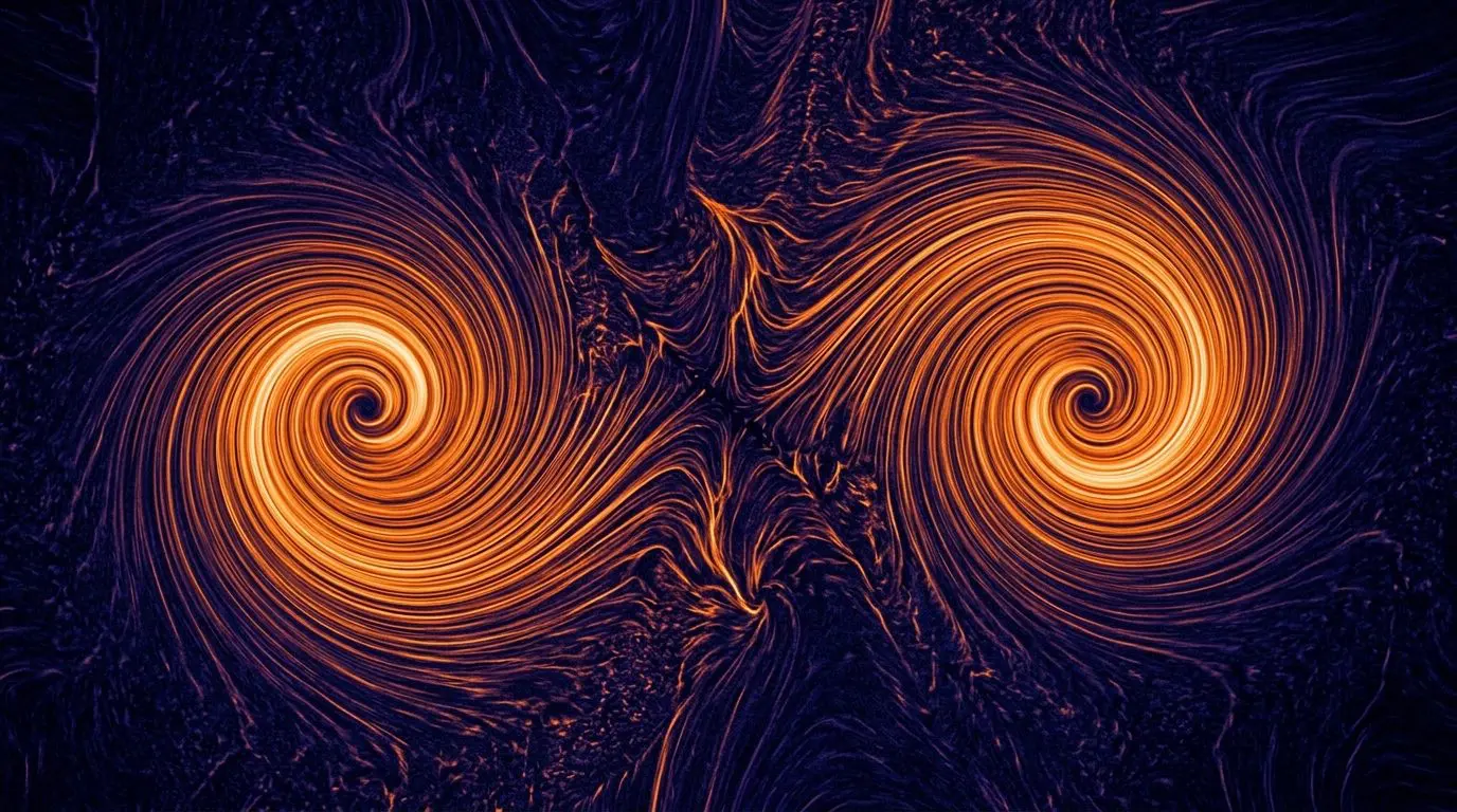 Two golden spirals emerge from a dark purple background, creating an abstract and dynamic composition with flowing lines