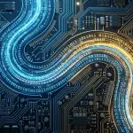 Two curving bands of blue and gold binary digits wind across a dark circuit board seen from above