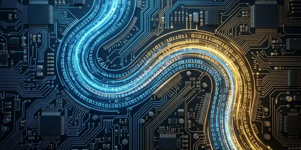 Two curving bands of blue and gold binary digits wind across a dark circuit board seen from above
