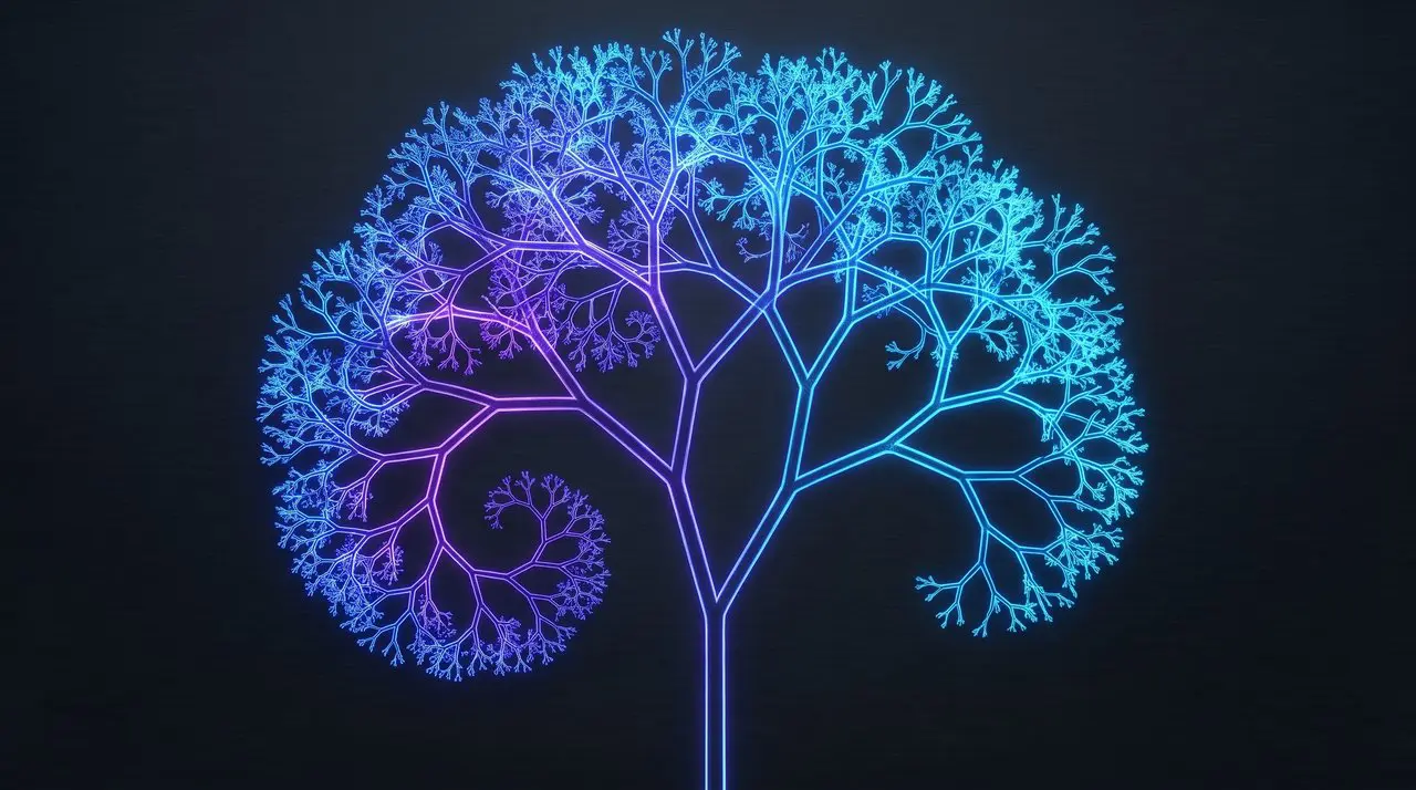 A glowing, neon tree with spiraling branches fills the frame against a dark, textured background in shades of blue and purple