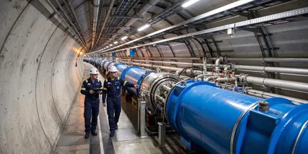 Two technicians walk along a tunnel lined with blue pipes and machinery, illuminated by bright overhead lights.