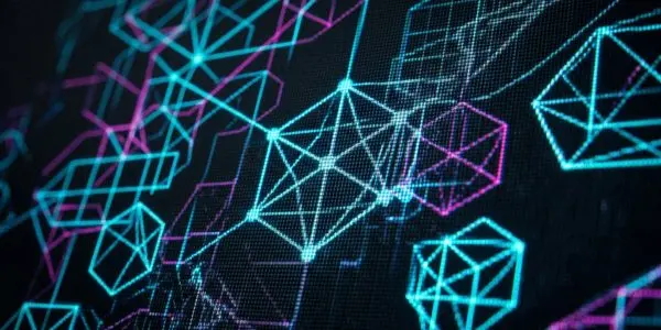 A dark background features glowing geometric wireframe shapes in cyan and magenta, resembling a digital network or data visualisation.