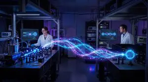 A glowing blue link running between two optical benches