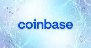 The image displays the Coinbase logo against a blue background with a network of white lines and circles.